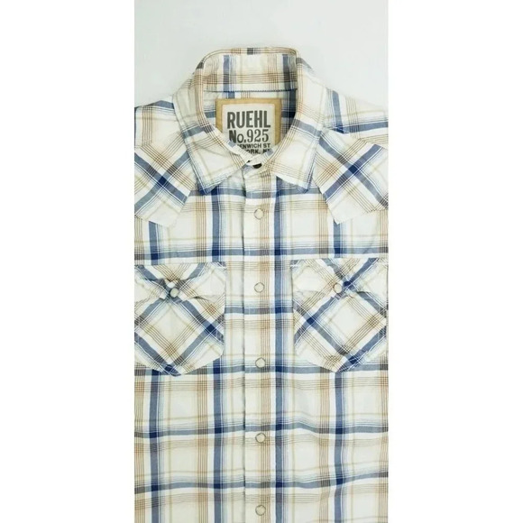 Ruehl No. 925 Size Medium Men's Vanilla Tan Gray Plaid Western Pearl Snap Shirt - Picture 10 of 10